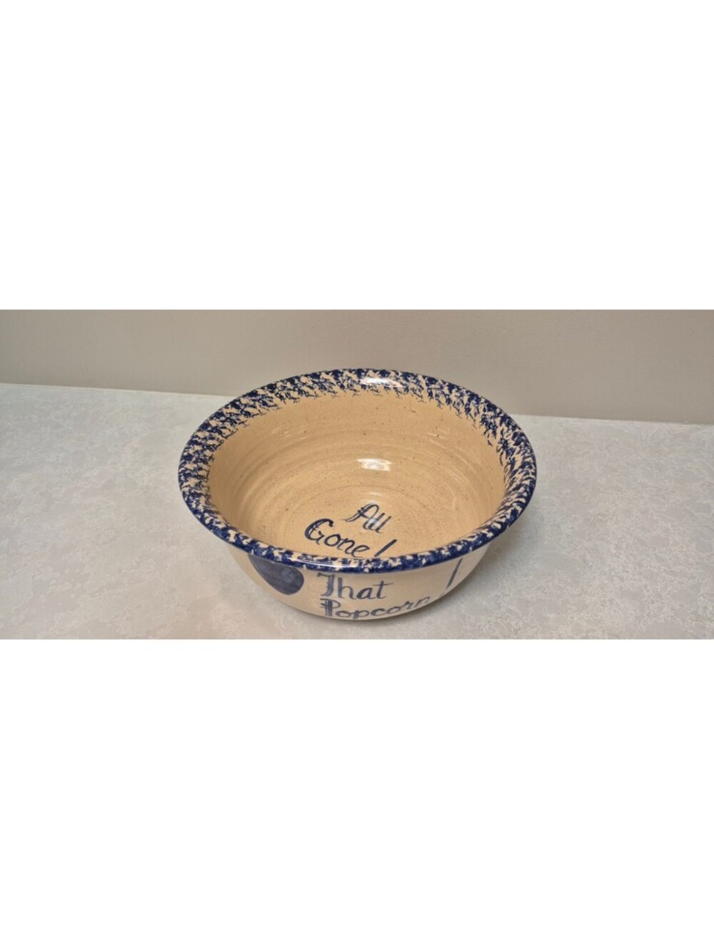 P.R. Storie Pottery Popcorn Bowl Marshall Texas Blue Spongeware Stoneware